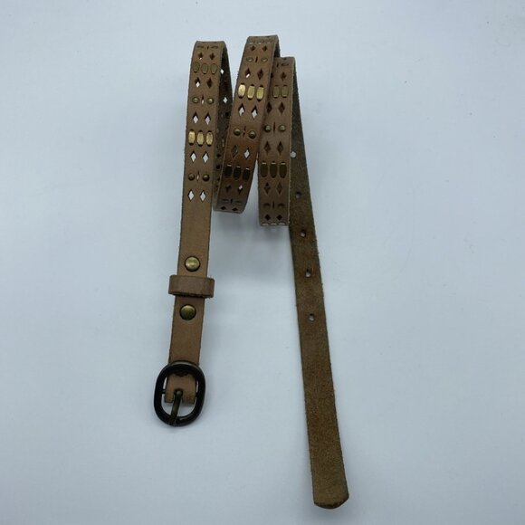 Unbranded Brown Genuine Leather Belt Embossed w/ Rivets Women's Size L Skinny - Picture 1 of 11
